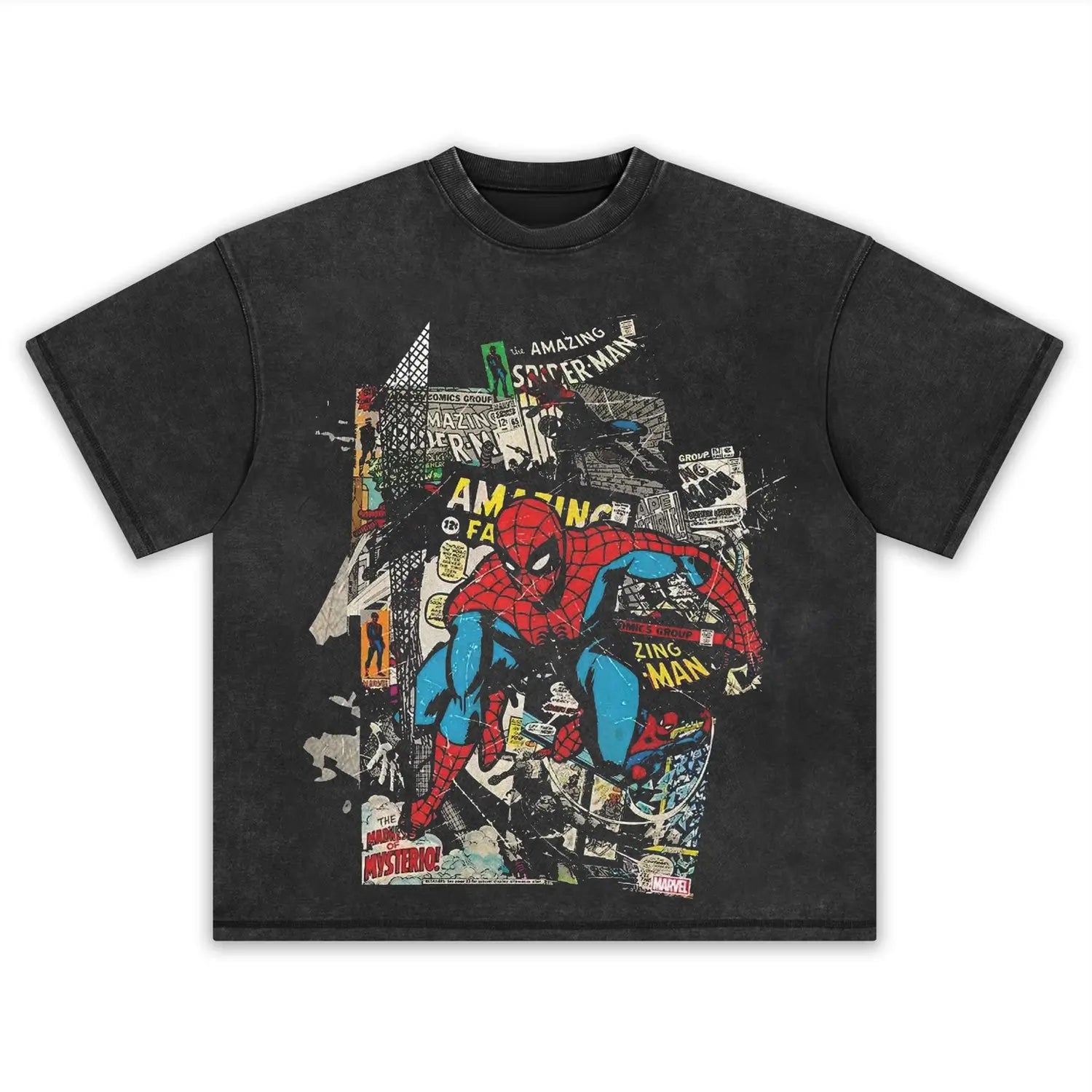 VINTAGE WASHED MARVEL SPIDER MAN COMIC COLLAGE TEE & LS & HOODIE