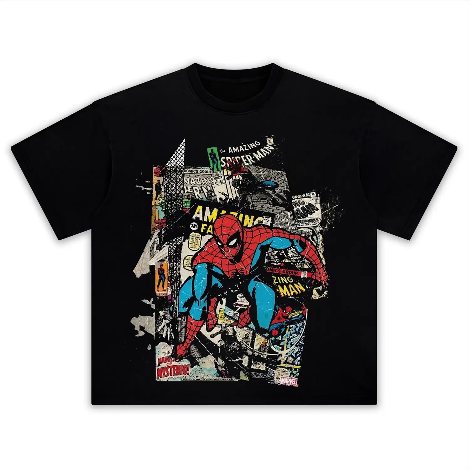 VINTAGE WASHED MARVEL SPIDER MAN COMIC COLLAGE TEE & LS & HOODIE