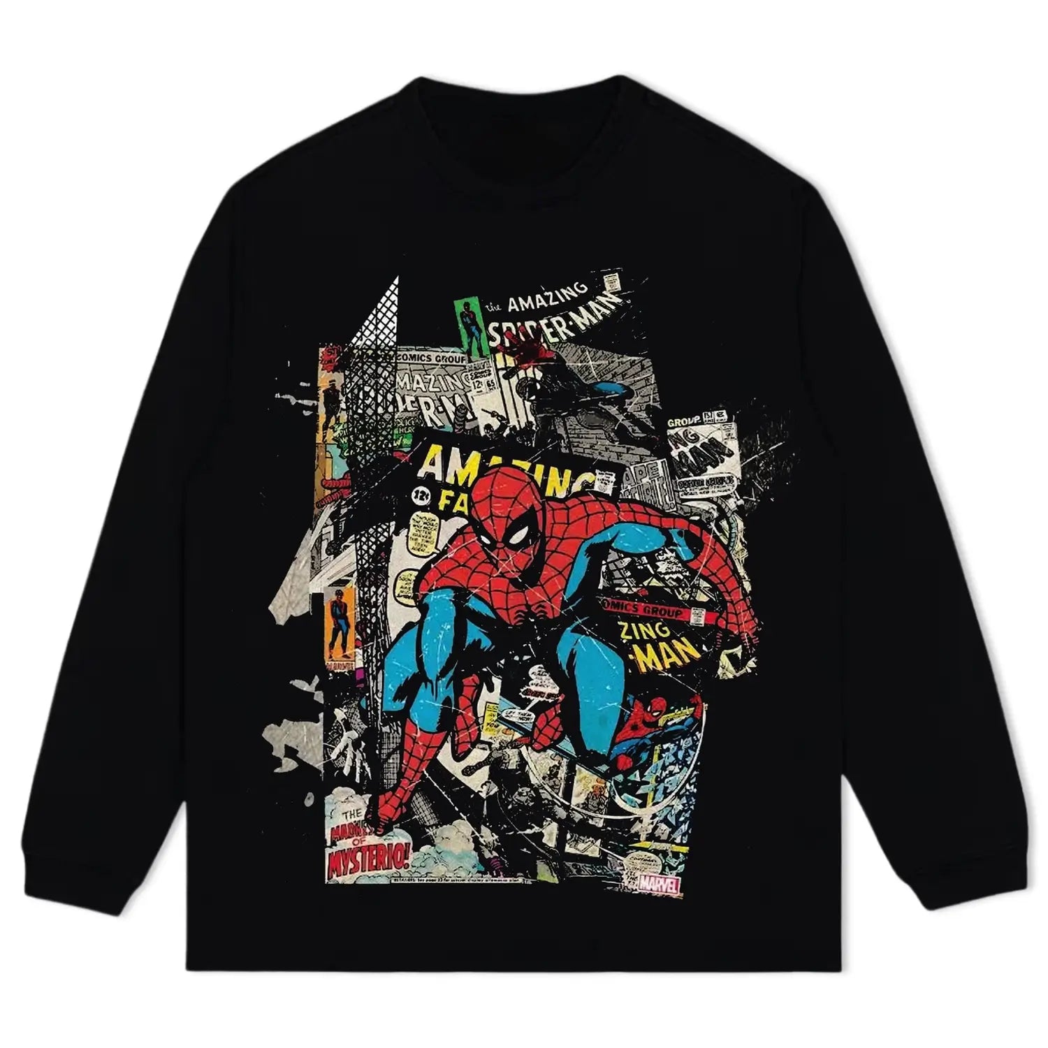 VINTAGE WASHED MARVEL SPIDER MAN COMIC COLLAGE TEE & LS & HOODIE